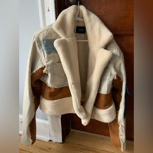 Cropped patchwork denim shearling jacket